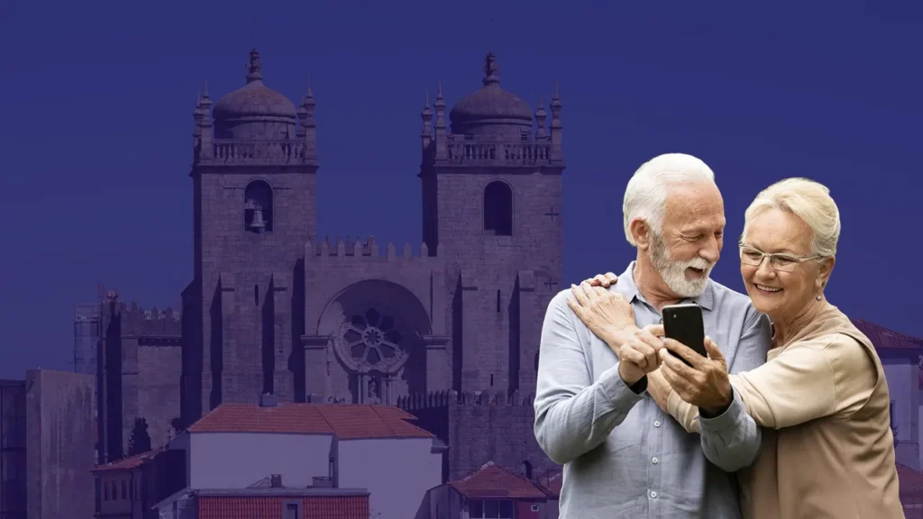 com a Sé do Porto ao fundo. O visto D7 permite que aposentados e pessoas com renda passiva morem legalmente em Portugal.